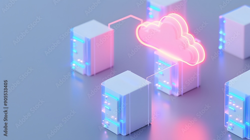 Fototapeta premium 3D illustration of cloud computing network with servers, showcasing data storage, online technology, and digital infrastructure.