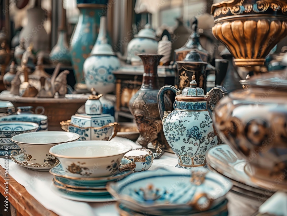Fototapeta premium A table filled with vintage porcelain and ceramic items at a flea market. The items are arranged in a visually appealing manner, creating a sense of history and nostalgia.