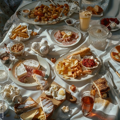 A table laden with a delicious and diverse spread of food, perfect for a celebratory feast or a leisurely brunch. photo