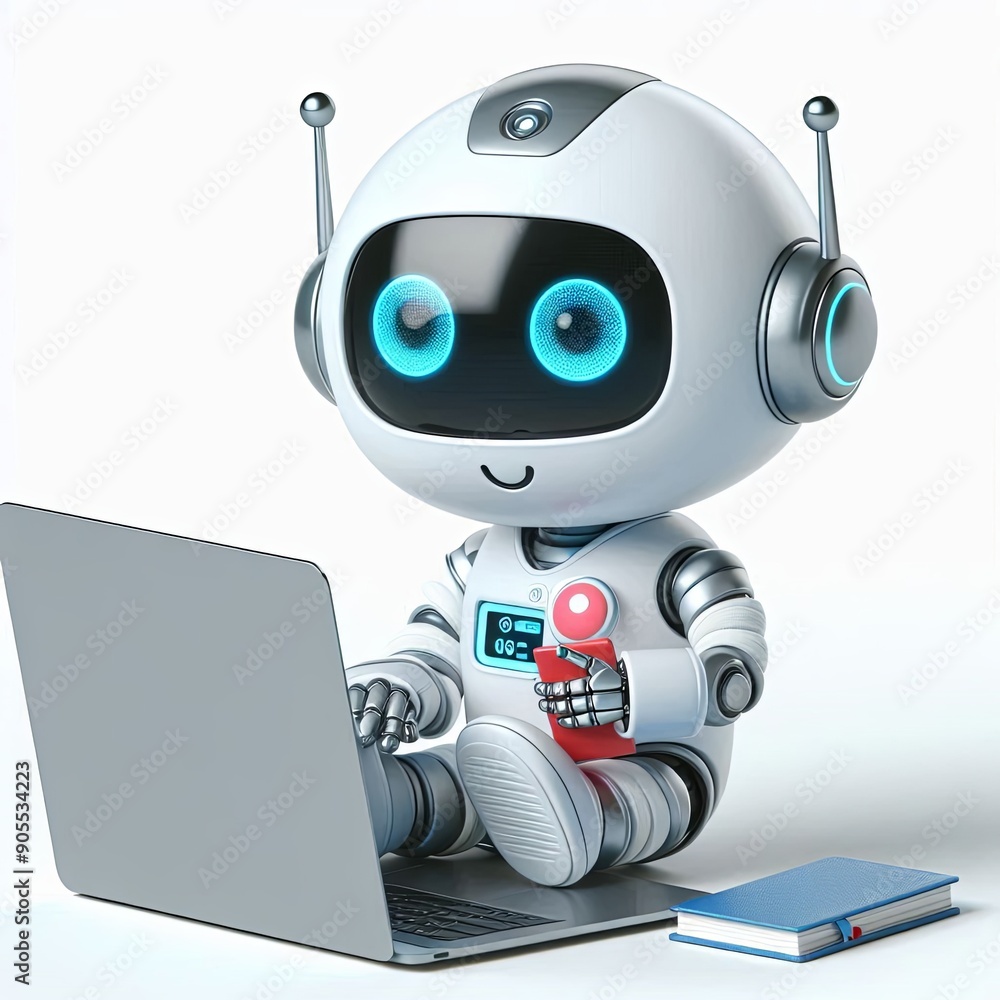 A cute robot working on laptop Cartoon , 3d Generative AI