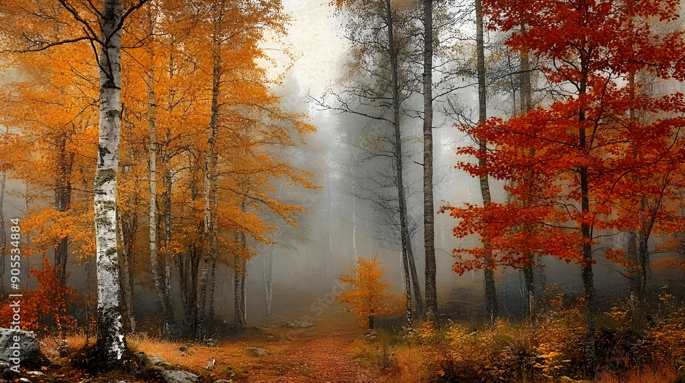 Misty autumn forest, vibrant foliage, serene atmosphere, perfect for marketing, wellness, education, eco-tourism. Copy space available. Misty autumn forest, vibrant foliage, serene atmosphere, perfect for marketing, wellness, education, eco-tourism. Copy space available.