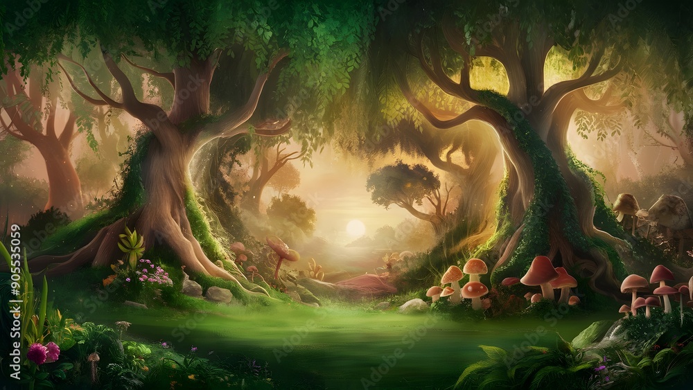 Fototapeta premium A beautiful fairytale enchanted forest with big trees and great vegetation. Background digital painting