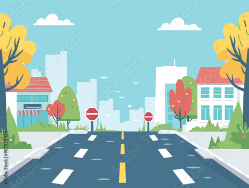 Suburban street empty leading towards city skyline sunny day. Cartoon style residential area road trees houses stop sign. Urban landscape autumn trees colorful buildings vector illustration sky