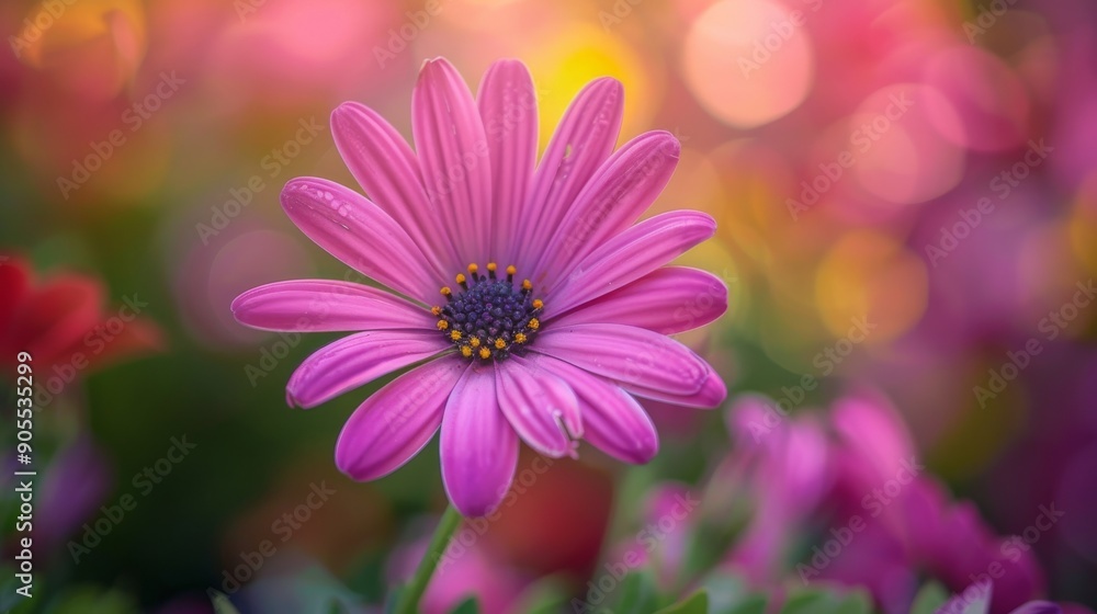 Obraz premium A vibrant pink daisy with a dark center blooms in a field of colorful flowers, illuminated by a soft, warm glow.