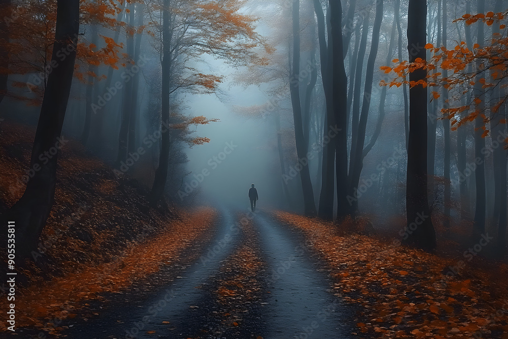Fototapeta premium Mysterious forest path, foggy ambiance, autumn leaves, solitude, nature exploration, hiking adventure, emotional journey, tranquility, copy space.