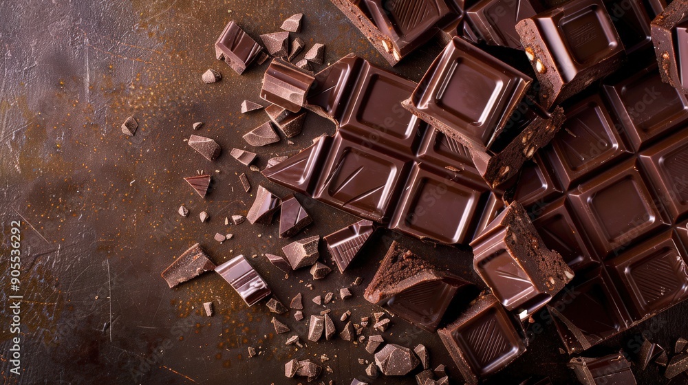 Pile broken chocolate bars, chunks on rustic, textured surface, image showcases rich, glossy appearance chocolate, indulgent appetizing qualities, suitable for themes luxury, dessert, gourmet food. Pile broken chocolate bars, chunks on rustic, textured surface, image showcases rich, glossy appearance chocolate, indulgent appetizing qualities, suitable for themes luxury, dessert, gourmet food.