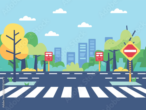 Cartoon cityscape pedestrian crossing traffic signs. Flat design city street trees, bushes, modern buildings. No traffic, sunny day, clear sky, vibrant colors