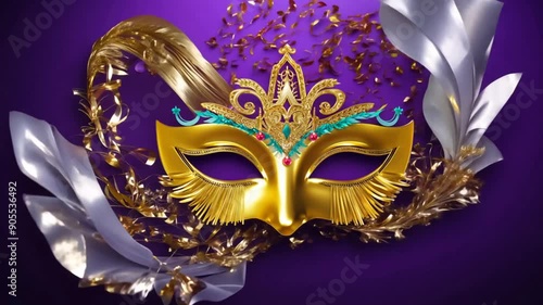 Happy Mardi Gras Poster. A Venetian Masquerade Decorations, Mask, Confetti and Feathers Isolated on Purple Background 