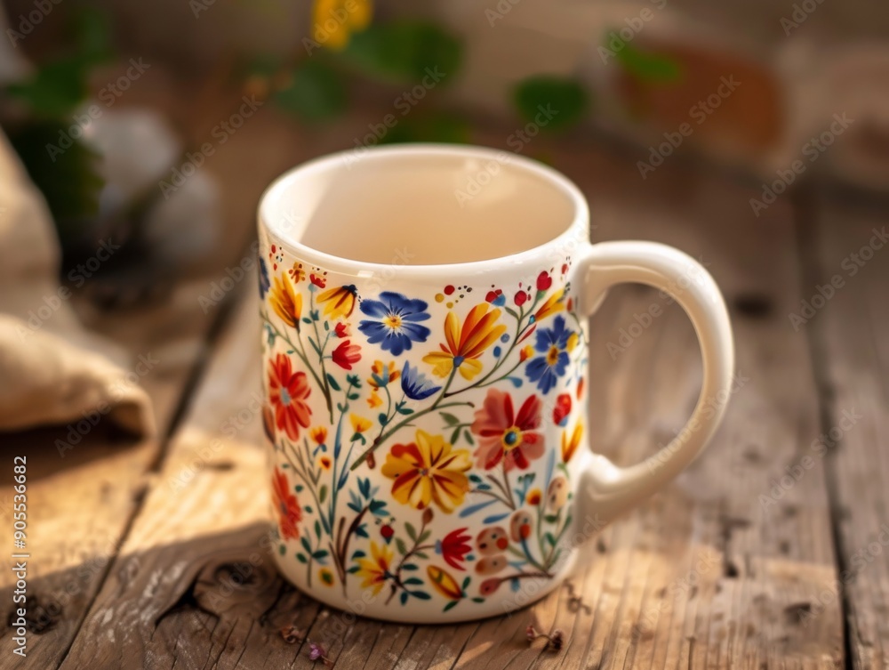 Fototapeta premium A white ceramic mug with a colorful floral design sits on a rustic wooden table. The mug is surrounded by natural elements, creating a warm and inviting scene.