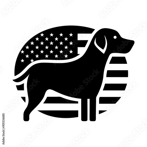 A Labrador Retriever in a realistic style with a US flag