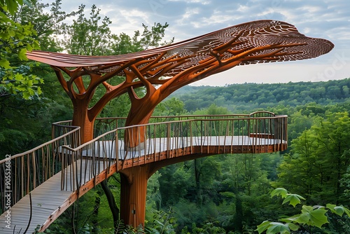 Birdwatching platform with railings shaped like tree branches and a roof resembling bird wings photo