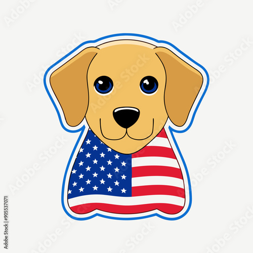 A Labrador Retriever in a realistic style with a US flag