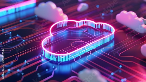 Wallpaper Mural A vibrant neon cloud symbol on a futuristic circuit board representing cloud computing, technology, and digital connection. Torontodigital.ca