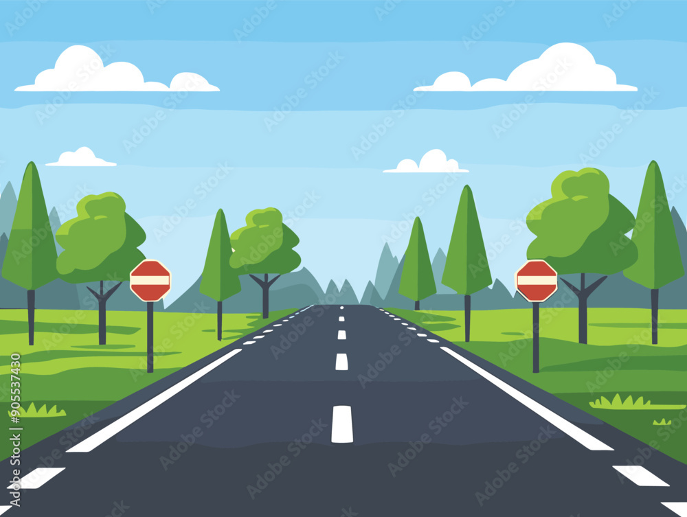 Straight road disappearing into horizon, cartoon style, clear day. Road signs next trees, grassy roadside, mountain backdrop. Symmetrical trees line vanishing point road, vibrant colors