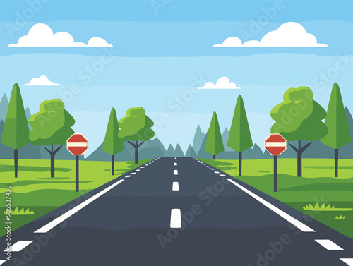Obraz na płótnie Straight road disappearing into horizon, cartoon style, clear day. Road signs next trees, grassy roadside, mountain backdrop. Symmetrical trees line vanishing point road, vibrant colors w salonie