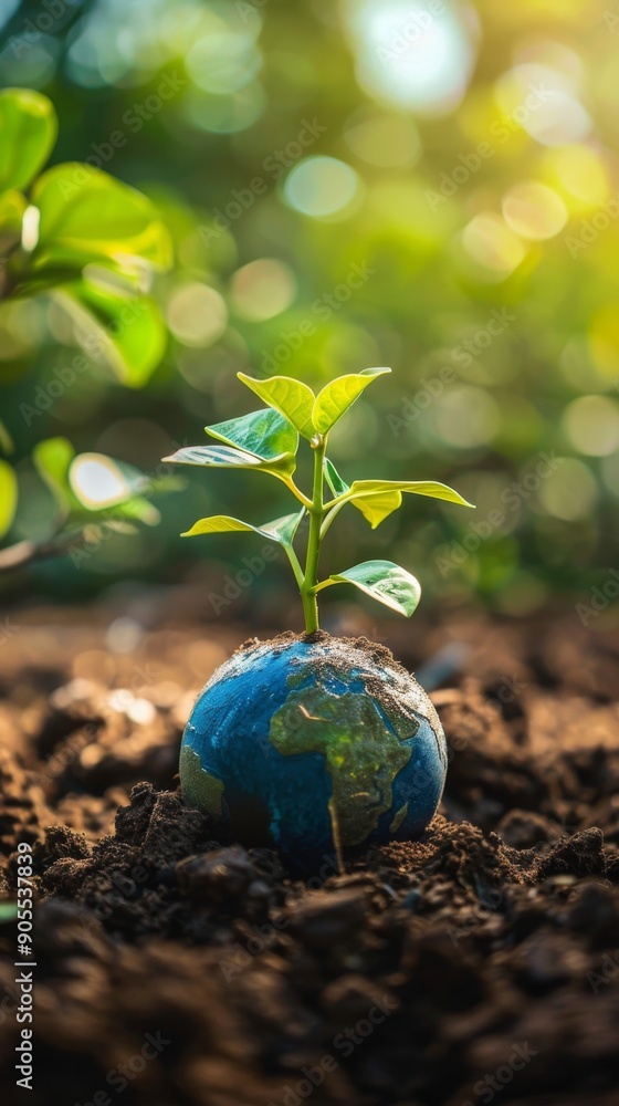 A young plant sprouts from a miniature Earth, symbolizing growth, renewal, and environmental awareness. A young plant sprouts from a miniature Earth, symbolizing growth, renewal, and environmental awareness.
