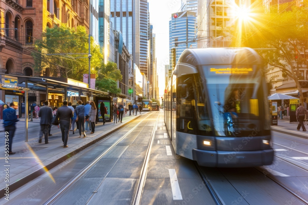 Fototapeta premium Tram Passing Through a City Street on a Sunny Day
