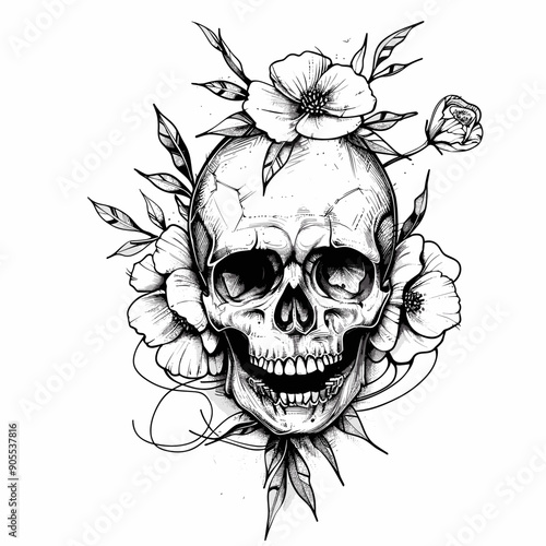 A skull with flowers surrounding it. The skull is black and white and the flowers are pink. Scene is dark and eerie