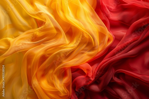 Abstract background of red, orange and yellow flowing fabric. photo