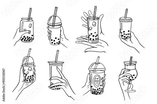 Trendy doodle set with bubble milk tea in hand with drinking straws and lettering. Great for bar menu design, packaging, yummy drinks banner or advertising. Doodles. Hand drawn
