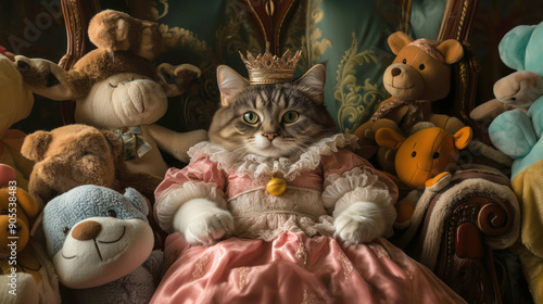 Fototapeta Naklejka Na Ścianę i Meble -  Chubby Scottish Fold cat wearing a princess dress sitting on a throne with a crown on its head surrounded by stuffed animals