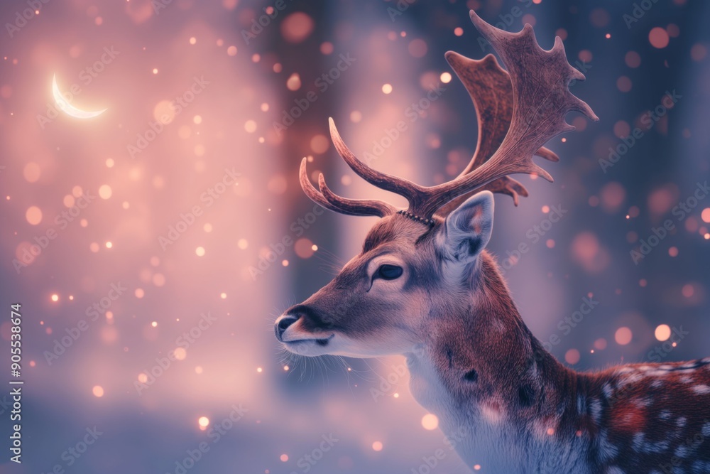 Close-Up Portrait of a Male Deer with Ornate Antlers: Mottled Brown and White Coat, Calm Demeanor, High Detail in Pastel Soft Tones with Dramatic Light Close-Up Portrait of a Male Deer with Ornate Antlers: Mottled Brown and White Coat, Calm Demeanor, High Detail in Pastel Soft Tones with Dramatic Light