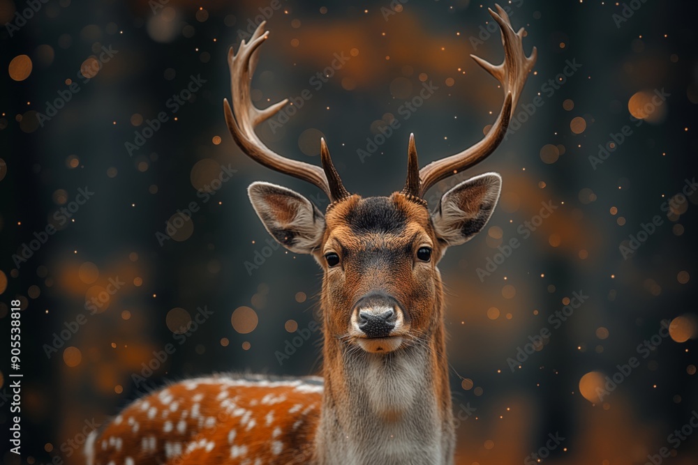 Close-Up Portrait of a Male Deer with Ornate Antlers: Mottled Brown and White Coat, Calm Demeanor, High Detail in Pastel Soft Tones with Dramatic Light Close-Up Portrait of a Male Deer with Ornate Antlers: Mottled Brown and White Coat, Calm Demeanor, High Detail in Pastel Soft Tones with Dramatic Light