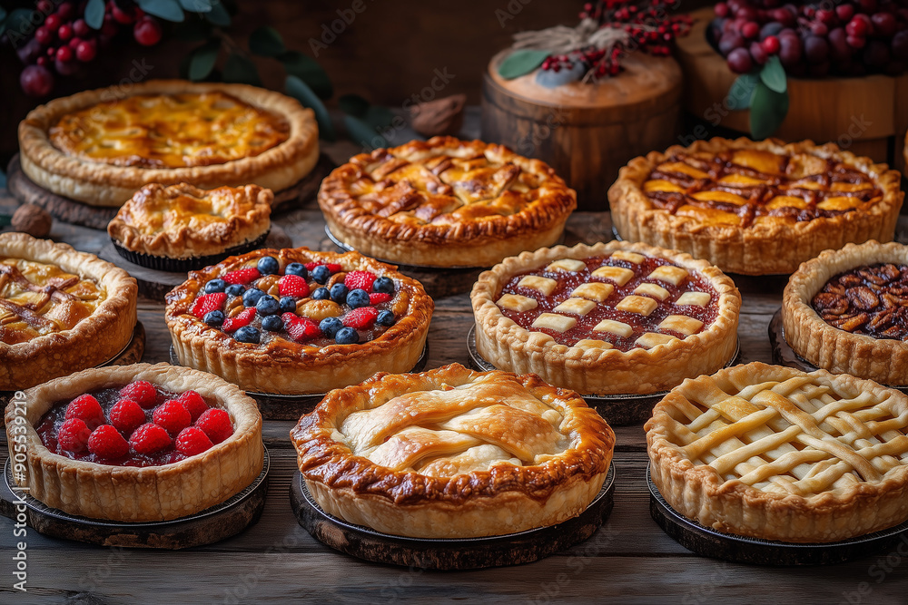 Array of different autumn pies on a rustic table Array of different autumn pies on a rustic table