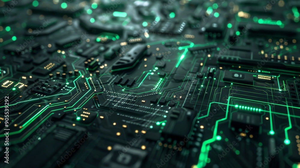 Abstract close-up of a circuit board with glowing green lines. The image is perfect for technology or innovation concepts. Abstract close-up of a circuit board with glowing green lines. The image is perfect for technology or innovation concepts.