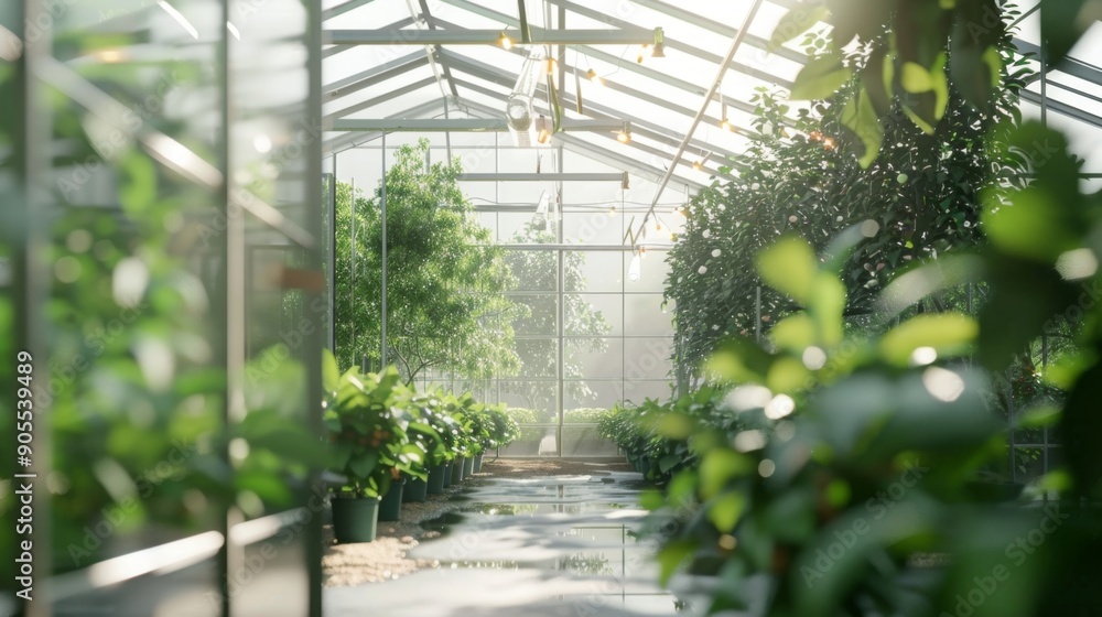 Sunlight streams through the glass panels of a greenhouse, illuminating rows of lush greenery and potted plants. Sunlight streams through the glass panels of a greenhouse, illuminating rows of lush greenery and potted plants.