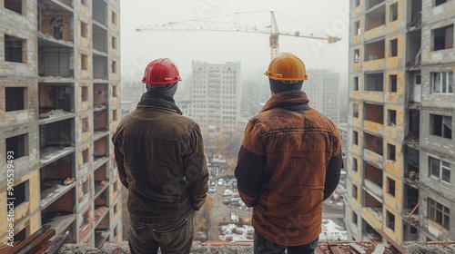 Two Construction Workers Overlooking Urban Building Site on Foggy Day