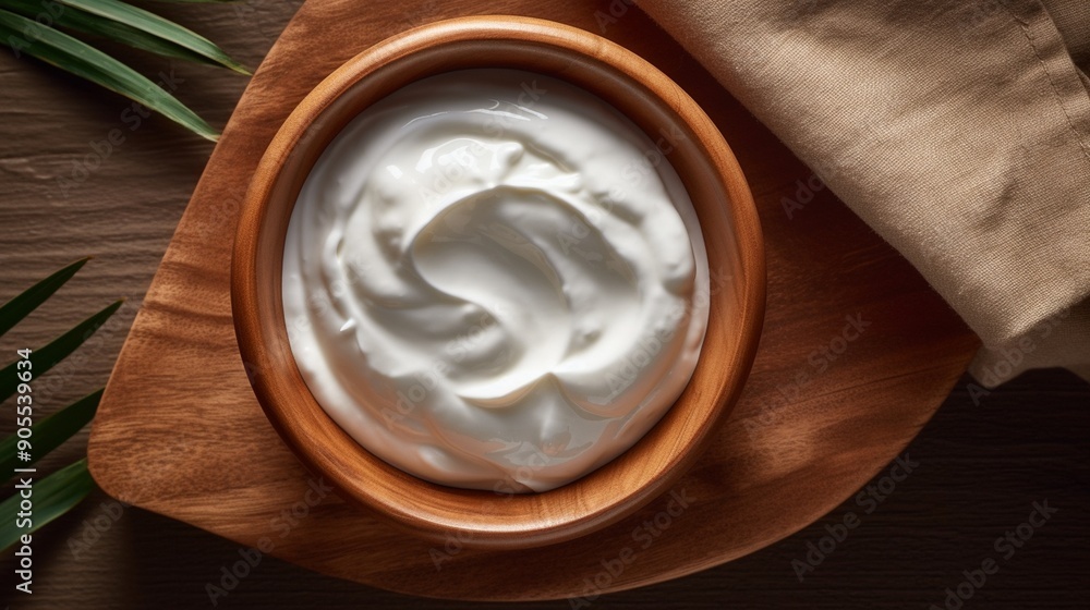 Fresh Creamy Yogurt in Wooden Bowl - Natural and Healthy Food Concept Fresh Creamy Yogurt in Wooden Bowl - Natural and Healthy Food Concept