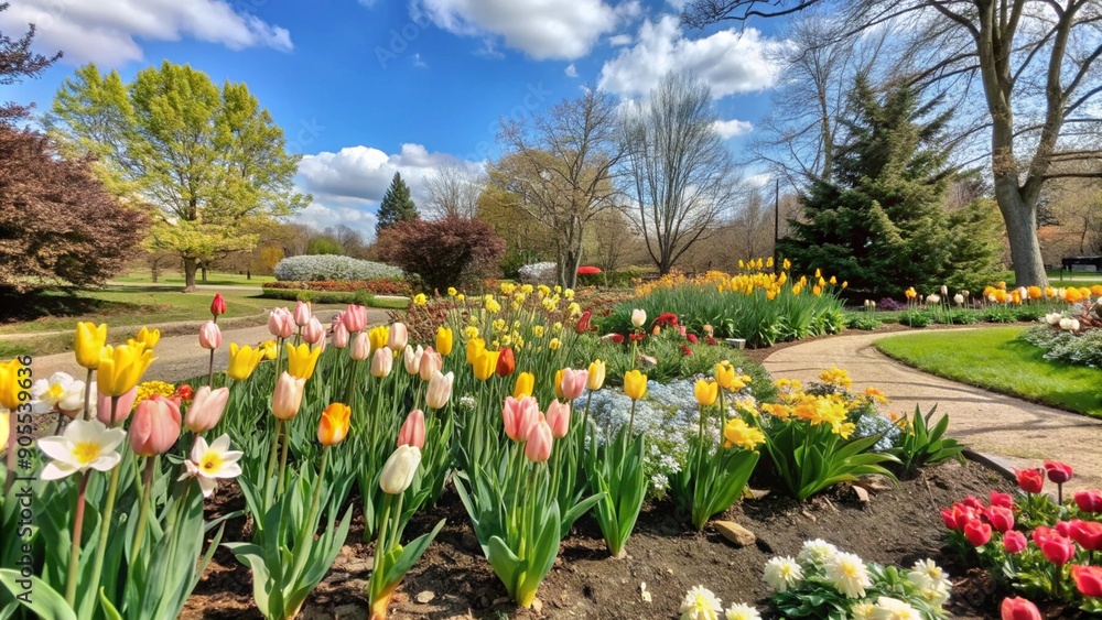 Colorful tulips bloom in a sunny garden. Colorful tulips bloom in a sunny garden.