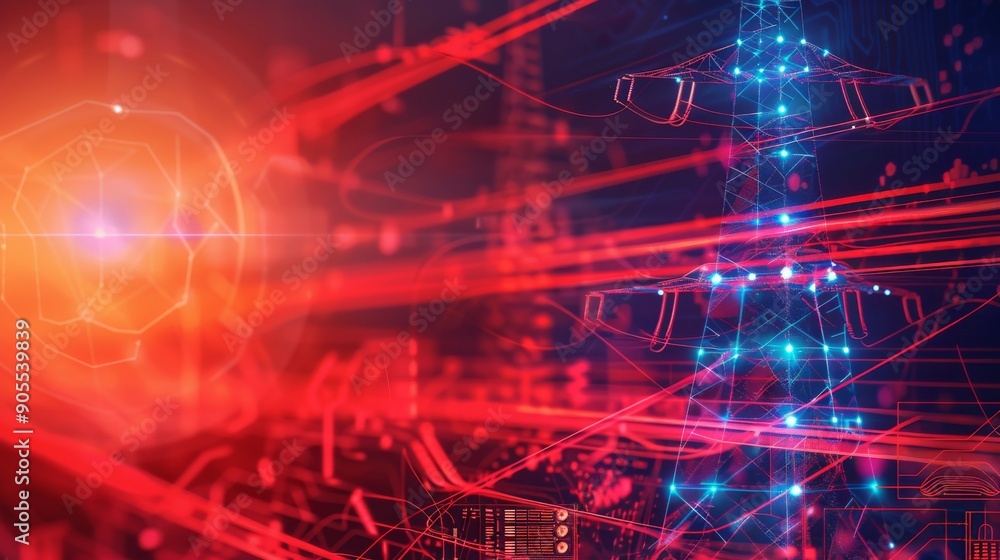 Abstract digital art with a glowing blue figure in the center surrounded by red lines and a sphere. Abstract digital art with a glowing blue figure in the center surrounded by red lines and a sphere.