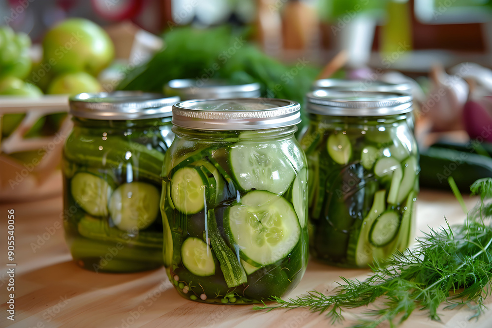 Jars filled with homemade dill pickles, showcasing bright green cucumbers and herbs, are placed on a kitchen counter. Jars filled with homemade dill pickles, showcasing bright green cucumbers and herbs, are placed on a kitchen counter.