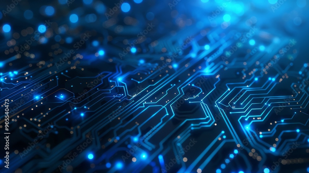 Abstract digital circuit board with glowing blue lines and points of light. A futuristic and technological background. Abstract digital circuit board with glowing blue lines and points of light. A futuristic and technological background.