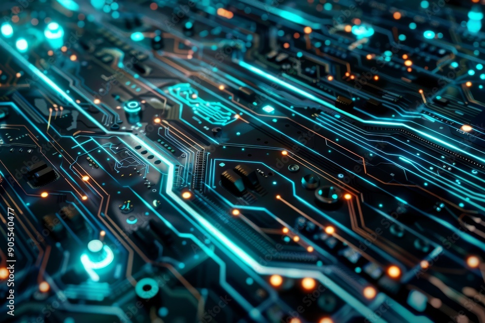 Abstract digital circuit board with glowing blue lines and orange dots. Futuristic technology background. Abstract digital circuit board with glowing blue lines and orange dots. Futuristic technology background.