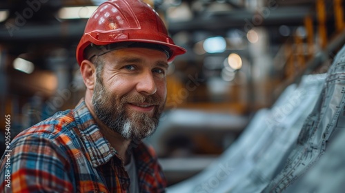 Skilled Male Worker Smiling While Wearing Hard Hat in Industrial Workshop Setting