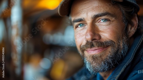 Smiling Man With Mountain Cabin Background Enjoying a Peaceful Afternoon in Nature