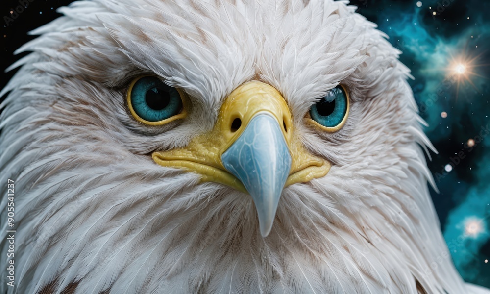 Naklejka premium Close-up Portrait of Majestic Eagle Head with Detailed Plumage Feather and piercing blue eye. Symbolizes strength, freedom, vision and beauty of wild nature.