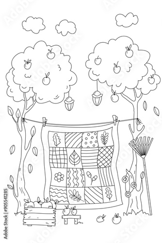 Coloring Page For Adults And Children Features Two Apple Trees With A Patchwork Quilt Hanging Between Them On A Rope