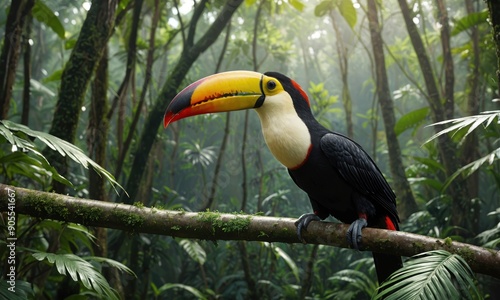 Toucan Sitting Resting on a Mossy Branch in Lush Jungle Dense Forest