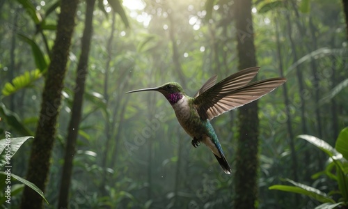 Close-up of Vibrant Hummingbird Flying in Lush Jungle Dense Forest