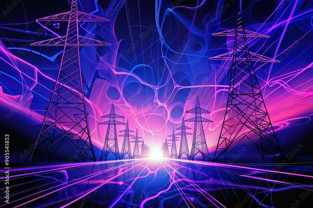 Electric Horizon. Abstract landscape with power lines, glowing energy fields and vibrant colors. Electric Horizon. Abstract landscape with power lines, glowing energy fields and vibrant colors.