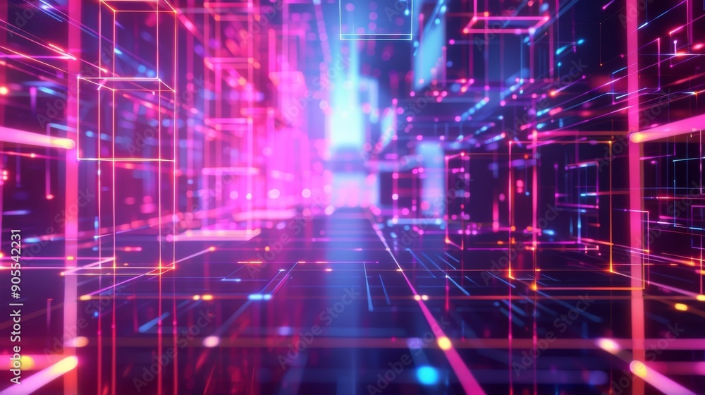 Abstract futuristic digital city with glowing neon lines and a bright light at the end of the tunnel. Abstract futuristic digital city with glowing neon lines and a bright light at the end of the tunnel.