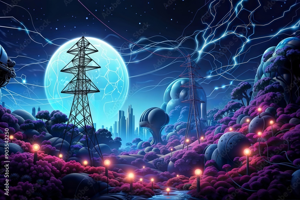 Obraz premium Electric Eden. A surreal landscape with power lines and a glowing moon under a stormy night sky.