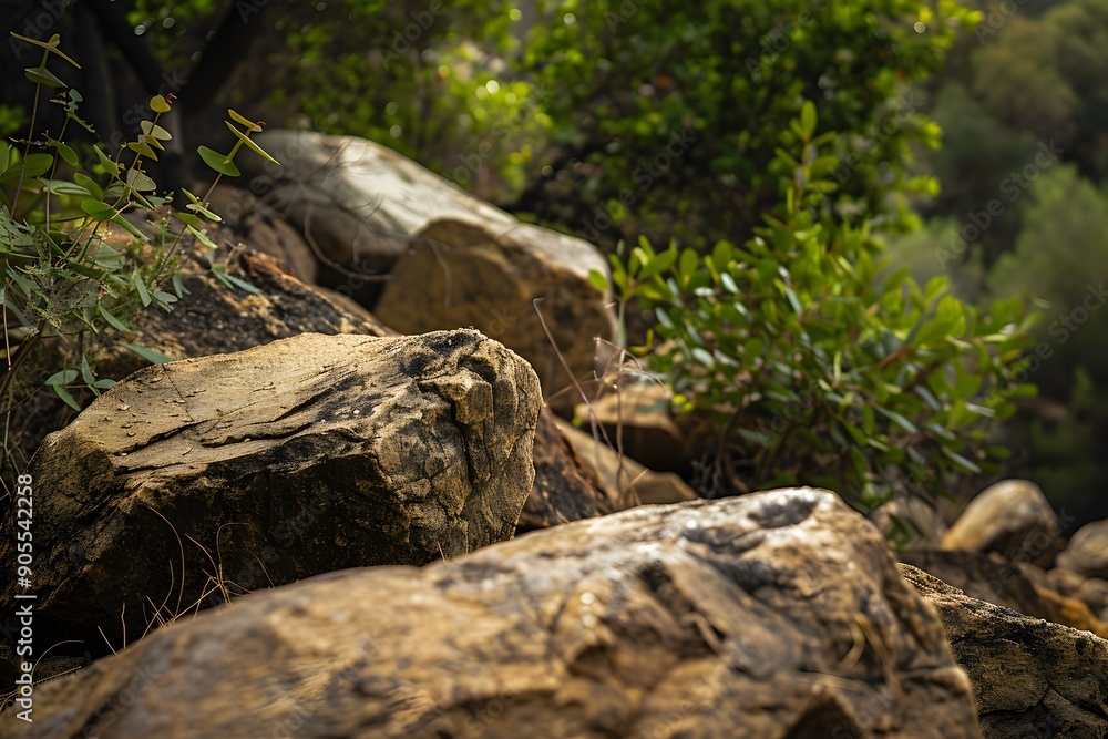 Close-up of rugged rocks surrounded by lush greenery in a tranquil setting. Close-up of rugged rocks surrounded by lush greenery in a tranquil setting.
