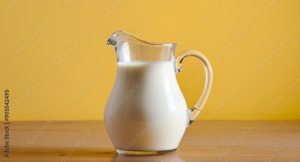Milk jar pitcher on table, light yellow interior Milk jar pitcher on table, light yellow interior