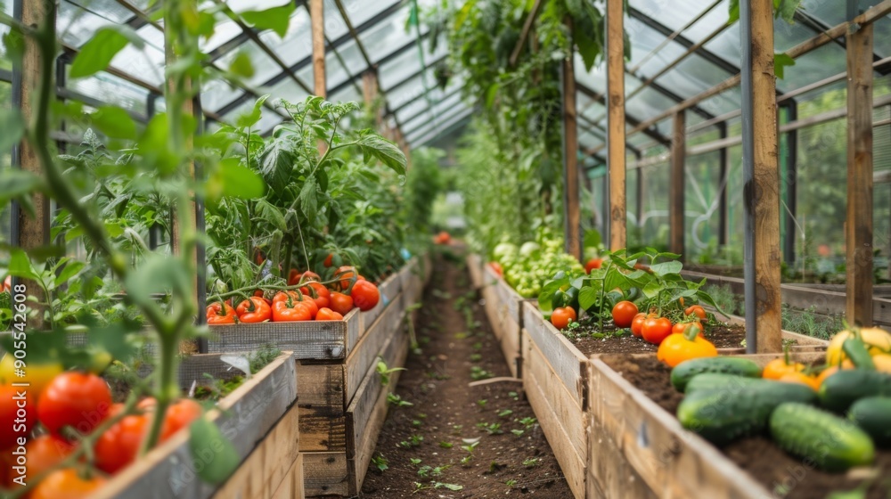 Rows of vibrant tomatoes, cucumbers, and leafy greens thrive in a sunlit greenhouse during the summer season. Rows of vibrant tomatoes, cucumbers, and leafy greens thrive in a sunlit greenhouse during the summer season.