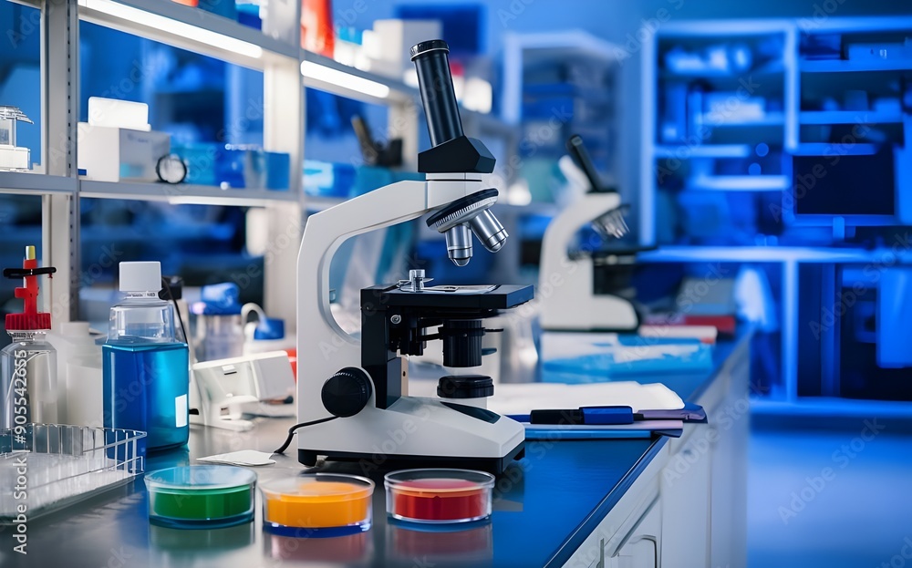 Laboratory Counter with Soybean Samples, Microscope, and Scientific Equipment Laboratory Counter with Soybean Samples, Microscope, and Scientific Equipment